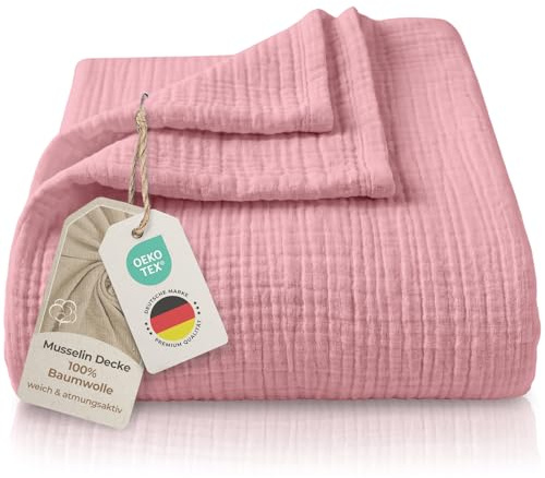 LAYNENBURG Premium Musselin Tagesdecke 150x200 cm - 100% Baumwolle - extraweiche, leichte Sommerdecke als Kuscheldecke, Bett-Überwurf, Baumwolldecke, Couch-Überwurf - warme Sofa-Decke (Altrosa)