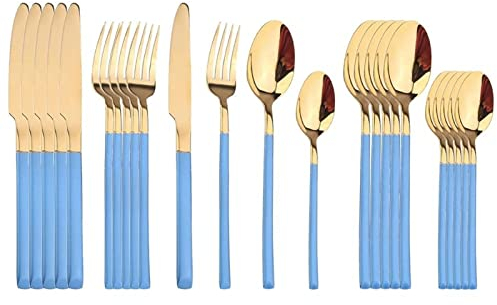 GaRcan Couverts 24 pièces en Or Blanc, Service de Table en Acier Inoxydable 18/10, Service de Table de Cuisine, Fourchette, cuillère, argenterie de dîner en Acier Inoxydable (Or Bleu)