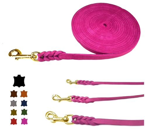 Hundeleine Fettleder/Schleppleine Leder Messing/Lederleine kleine Hunde & große Hunde / 2m / 3m / 5m / 10m / 15m /20m (Pink MIT Handschlaufe, 7,5m / 12mm)