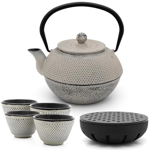 Bredemeijer Asia Teekanne Gusseisen Set 1.1 Liter - grauer Teekessel & Edelstahl-Filter-Einsatz für losen Tee & Teebecher (4 Tassen) & Stövchen (Teelicht)