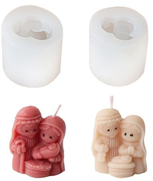 Xidmold 2 Stück Heilige Familie Kerzenform Silikon, Mini Krippe Kerzengießform, Maria Josef mit Jesus Silikonform für Sojawachs Kerzen, Seife, Epoxidharz, Gips, Handwerk (A)