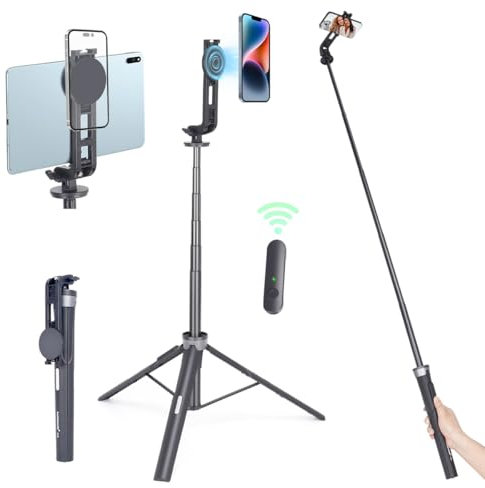 koolehaoda Trípode magnético para selfie de 64 pulgadas con soporte magnético para teléfono y control remoto inalámbrico desmontable, compatible con iPhone, Samsung, GoPro, smartphone y tableta