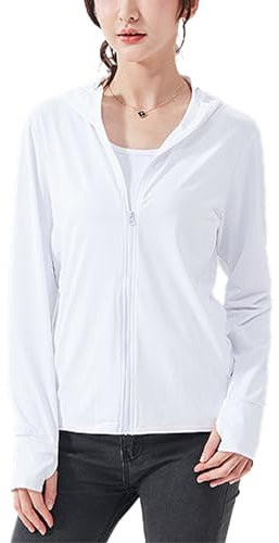 Sukany Women's UPF 50+ Sun Protection Hoodie Running Lightweight UV Jacket Athletic Thin Zip Up Outdoor Hiking Long Sleeve SPF Shirt with Thumb Holes White M