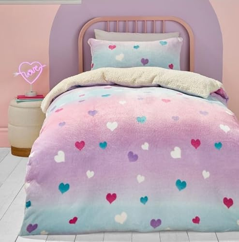 Bedlam Copripiumino in pile con cuore rosa e orsetto, per letto singolo (140 x 200 cm), biancheria da letto arcobaleno con cuore innamorato, comodo e morbido in pile a forma di cuore, per letto da