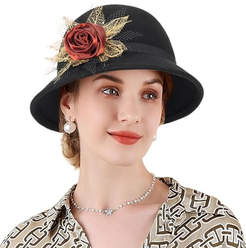 Damenhut im Stil der 1920er Jahre, Wollmütze, Kirchenhut, Gatsby, Wintermütze, Filzmütze, Vintage-Mütze, Bowler-Hut mit Schleife (M/L), Schwarz mit Rose, M