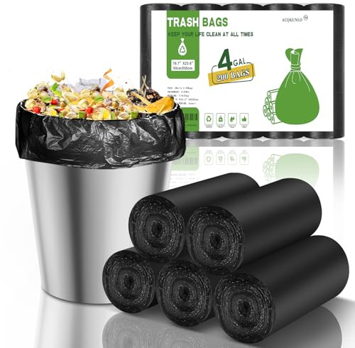 Lot de 200 sacs poubelle biodégradables noirs de 12 à 18 litres – Petits sacs poubelle pour salle de bain compostables de cuisine, non parfumés, recyclage, petits sacs poubelle pour le bureau Acqkunlo