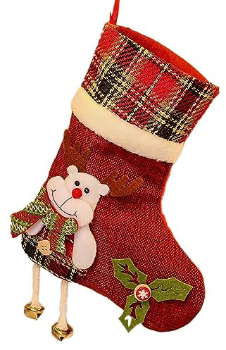 1 Stück Weihnachtsstrumpf, Nikolausstiefel zum Befüllen und Aufhängen, Weihnachtsstrümpfe Deko, Nikolaussocke Socken Weihnachtsbaum Anhänger für Weihnachtsbaum Dekoration, Kamin,Elchglocken 19x29cm