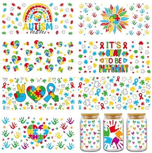 Autism Awareness UV DTF Stickers - 8 Sheets Blue Handprints Uvdtf Tumbler Wraps for 16 oz Glass Water Bottle, Boho Colorful Puzzle Transfer Sticker DIY Motivational Decals Gifts for Autistic Kids