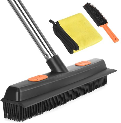 Rubber Broom, 3 in 1 Carpet Pet Hair Broom with Squeegee, Metal Long Handle Silicone Sweeping Brush for Floors