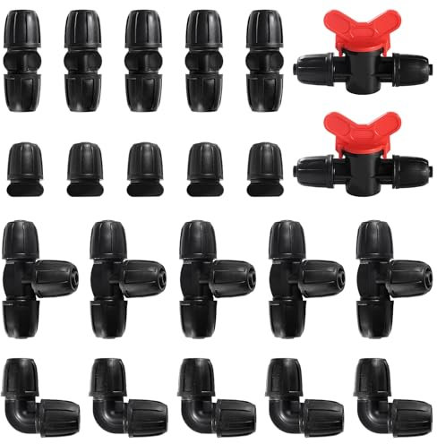 VooGenzek 22 Stücke Bewässerungsarmaturen Kit für 8/12 mm Schläuche, Barbed Garten Schlauch Verbinder 8/12 mm Bewässerung System, Absperrschieber Ventile, Gerade, Bögen, T-Stücken, Endkappe