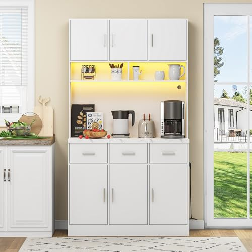 Merax Küchenschrank Buffetschrank, Hochschrank Küchenbuffet Vitrinenschrank mit LED, Buffetschrank Mehrzweckschrank mit Steckdose und 2 USB, Sideboard für Küche, Weiß, 100x40x180cm