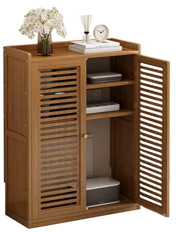 Router Organizer Cabinet Thickened Bamboo Board Hollow Adjustable Shelves | Board Hollow and Magnetic Door Design, Router Cabinet, Need Assembly for Home Use(Brown,59*25*82cm)