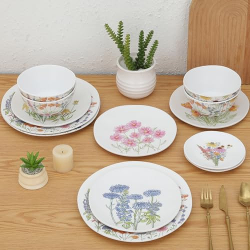 TOPMELA Floral Melamine Dinnerware Set, 16 Pieces for 4, Indoor and Outdoor Use Tableware, Unbreakable Irregular Shape Plates and Bowls set, BPA Free, Dishwasher Top Safe, Not Microwave, Not Oven