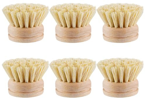 6Pcs Dish Brush Replacement Head, 2x2 Sisal Dish Scrub Brush Replacement Head, Wooden Round Cleaning for Pot, Pan, Tray