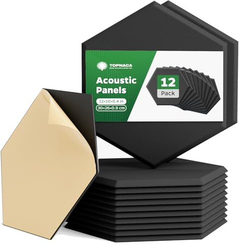 Topnaca Lot de 12 panneaux insonorisants hexagonaux, 30 x 26 x 0,9 cm, panneaux insonorisants autocollants haute densité pour mur, studios d'enregistrement, maison, bureau (noir)