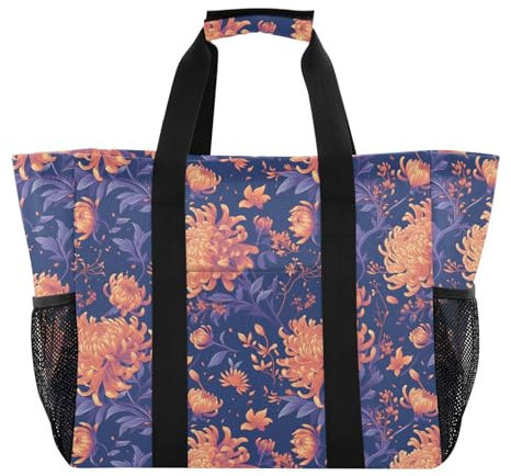 linqin Large Orange Chrysanthemum Flowers Utility Bag for Trunk Canvas Collapsable Reusable Grocery Bags Water Resistant for Car, Large Orange Chrysanthemum, One Size