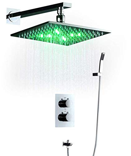 Modern Shower System 10 LED Shower Mixer Set Thermostat Shower Faucet Shower Head Powered by Water Square Saving Water Chromed Interesting Life