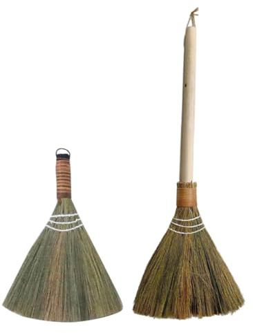 VALICLUD 2pcs Handmade Woven Bamboo Soft Brooms Detachable Long Handles, Small Hand Woven Dust Whisk and Large Household Cleaning Broom for Living Room Use