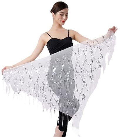 Skdvy Hip Scarf for Belly Dancing,Bauchtanz Hüfttuch Bauchtanz-Kostüme, Pailletten-Quaste, Bauchtanz-Hüfttuch for Frauen, Bauchtanz-Taillenkette, 12 Farbvarianten(White)