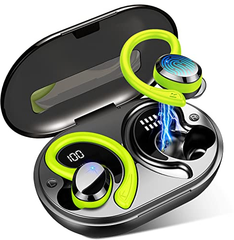 Rulefiss Q38 Wireless Earbuds, Bluetooth 5.3 Headphones with HD Mic, 48H Stereo Noise Cancelling Ear Buds, Sports Earphones with EarHooks, Dual LED Display, USB-C, IP7 Waterproof, for Running Fitness