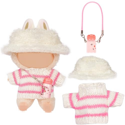 Vicloon Bekleidung für 17cm Plüsch, Doll Kleidung, Puppenkleidungs Set für Puppe, Kuscheltier Kleidung Outfit, Puppenzubehör, Pullover, Mütze, Wasserflasche, DIY Kinder Geschenke, Streifenpullover-Set