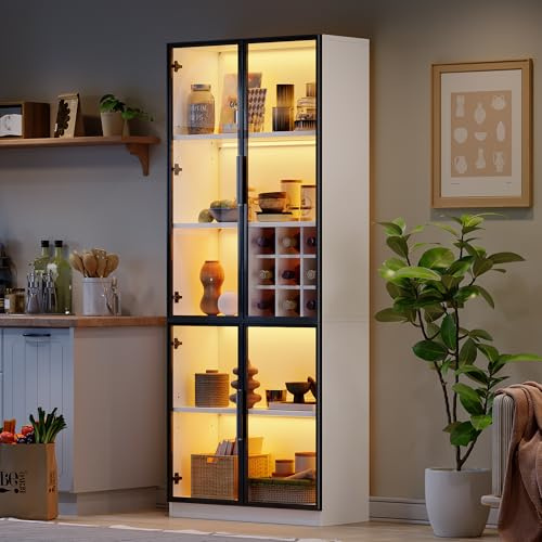 Juabett 80x35x200cm Vitrine, Glasvitrine mit Glastüren, Hochschrank, Bücherschrank, Standvitrine mit led-leuchten, Weiß Weinschrank Eleganter Sideboard mit Doppeltüren, Glasregal und Weinhalterung