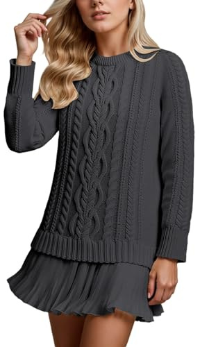 Maglia da donna con gonna in pizzo, abito in maglia lavorata a cable, elegante, autunnale, comodo, caldo, girocollo, a pieghe, patchwork, tunica, top, pullover, morbido, elasticizzato, per l'uso