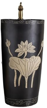 Lavandino su piedistallo Lavandino con piedistallo in ceramica nera con rubinetto e scarico, lavabo da terra, bagno, balcone, cortile