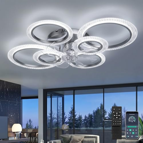 YUNLONG Ventilatore da Soffitto con Luce LED Dimmerabile, Plafoniera Moderna 88cm con Pale Trasparenti e Telecomando/App, Motore DC Silenzioso Reversibile per Camera da Letto, Soggiorno e Cucina