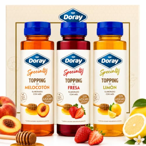 DORAY | Pack 3 Specialty Toppings con Miel y Frutas Naturales | Fresa, Melocotón y Limón | 3 x 350g | Sin Azúcares Añadidos | Sirope para Yogur, Tortitas, Helados, Postres y Desayunos