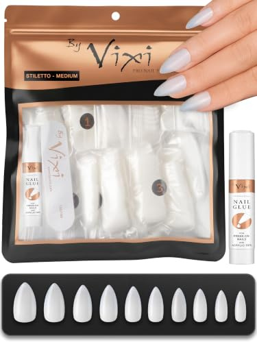 600 Stück Nageltips Stiletto Mittel Natur mit extra starkem Kleber – Künstliche Nägel zum Aufkleben, Full Cover Tips für Gelnägel & Nail Art, Fingernägel in 10 Größen (0-9) – By Vixi