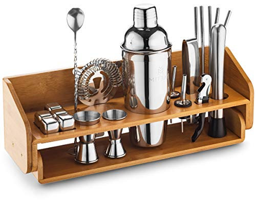 Mitbak Kit profesional de barman | Juego de 20 piezas de accesorios de bar | Look Like A Pro con botella de coctel, colador, jigger, pajitas de acero, piedras de whisky y más | Excelente regalo de
