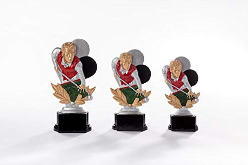 Henecka Billard-Pokal, Resinfigur Billard, Silber mit Gold und rot und grün, mit Wunschgravur, Größe 20 cm
