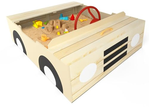 Big Game Hunters Car Wooden Sandpit with Weatherproof Cover, Secured Underlay and Steering Wheel