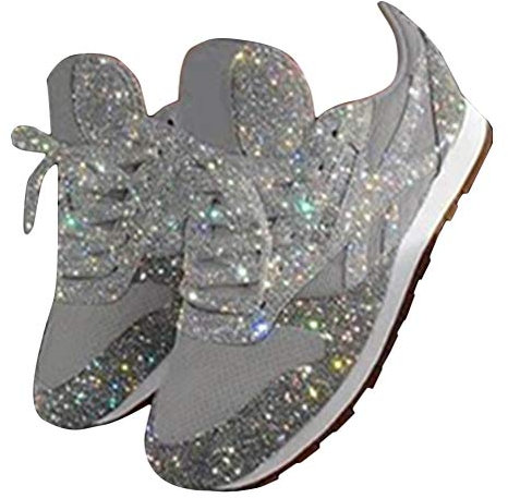shownicer Damen Sneaker Pailletten Glitzer Flach Schuhe Freizeit Schnürer Sportschuhe Glänzende Schuhe Laufschuhe Sneaker Silber 38 EU