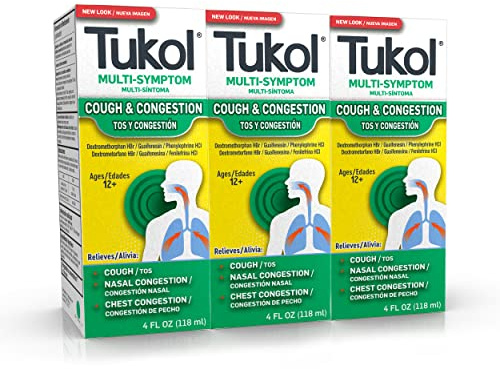 Tukol Cough Medicine for Adults, Multi-Symptom Cough Syrup with Dextromethorphan, DXM Cough Suppressant & Expectorant, Ages 12+, Powerful Relief for Cough, Chest, and Nasal Congestion- 4 Fl Oz, 3 pack