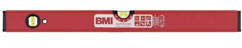 BMI Alu-Profil Wasserwaage Superstar mit Magnet (60 cm lang, Oberfläche pulverbeschichtet, kantenlose Horizontal-Libelle, hohe Messgenauigkeit 0,5 mm/m, mit Gummiendkappen) 696060PM