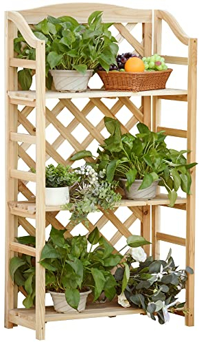 Outsunny Scaffale Porta Piante da Esterno, Fioriera da Balcone Pieghevole con 4 Mensole Regolabili, Arredamento da Giardino e Casa in Legno, 67x33x123cm