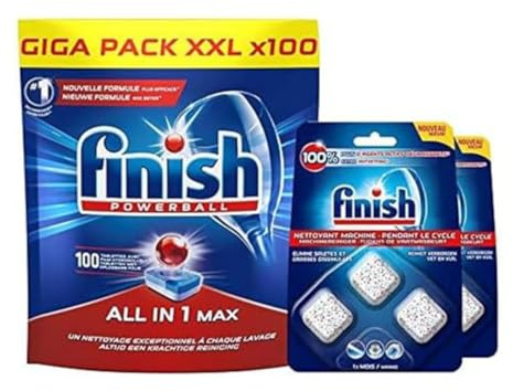 Finish Powerball All in One Max Dishwasher Tablets 100 Tablets and Finish Dishwasher Cleaner During Cycle 3 x 17 g, Pack of 2