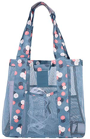 XINCHIA Mesh Beach Tote Bag Waterproof Mesh Folding Shoulder Bag Reusable Shopping Sand Toys Storage Multi-functional Carry Net Organiser for Family Holiday Picnic Swimming Pool Grocery Organizer