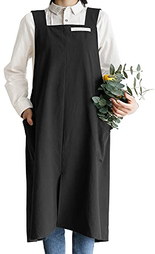 Small snail Förkläde av Bomullslinne Enfärgad Japansk Stil Cross Bandage Grime Pinafore Med Pocket Retro Litteraturkonst Flower Shop Clothing För Kvinnor Män Matlagning Kök Fritidsförkläden Svart