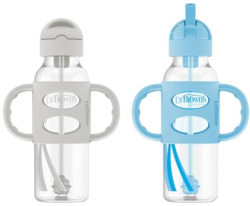 Dr. Brown's Milestones - Botella con pajita estrecha antiderrame, con asas 100% de silicona y pajita con peso, 8 oz/250 ml, azul/gris, 6m+