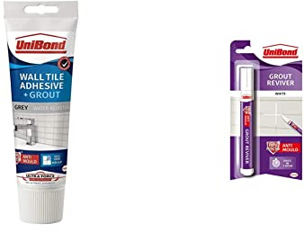 UniBond 2643637 Ultraforce Wall Tile Adhesive and Grout, Grey & Grout Reviver Pen, White Grout Pen