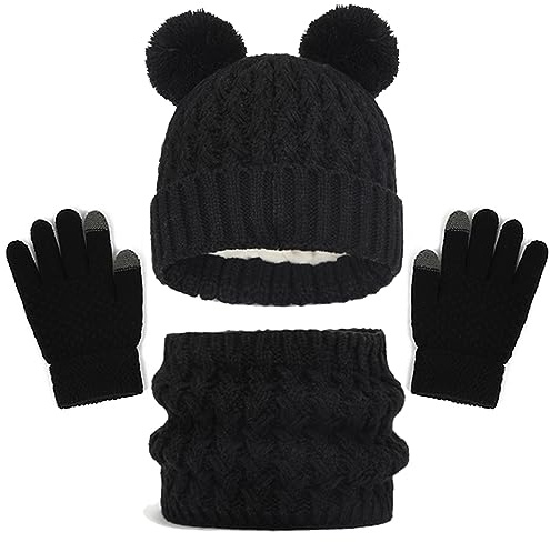 Baynetin Invierno Conjunto de Guantes de Bufanda de Gorro para Niños, Térmico Pompón Beanie Gorro Cálido Grueso Polar Tejido Bufanda Guantes Tactiles Set para Niños Niñas 2-8 Años (Negro)