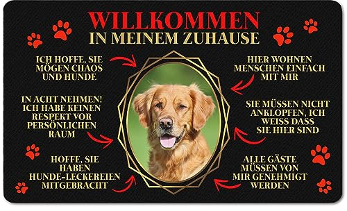 Ferocity PERSONALISIERTE Fußmatte mit Foto Matte Lustiger Tierliebhaber Fußabstreifer; Waschbarer Fußabtreter für Innen und Außen vor der Tür, ins Haus Motiv Hunde Regeln [140]