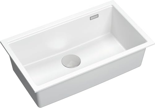 QUADRON Spüle Einbeckenspüle Granitspüle Küche | Größe 70 x 37 x 23,5 cm Farbe: Weiß & Stahl | LOGAN 110 Einzelbecken Küchenspüle | Granit Spülbecken | Einbauspüle Schrankunterbau ab 80 cm