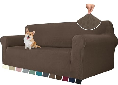 YSTELLAA Stretch Sofa Überzug 3 Sitzer, Sofaschoner rutschfest Mit Armlehne, Universal Jacquard Sofabezug, Dicke Sofabezug Für Hunde Katzen Und Haustiere, Waschbare Sofa Cover, Braun