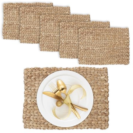 Relaxdays Tischset, 6er Set, geflochtenes Design, Wasserhyazinthe, Platzset, HxBxT: 1,5 x 42 x 30 cm, eckig, Deko, Natur