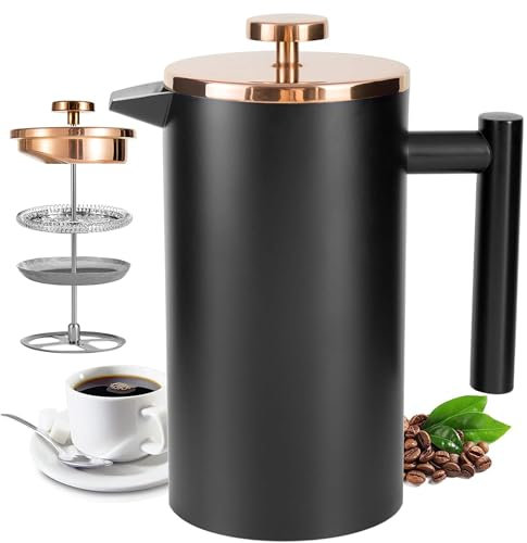 Wrobic Cafetiere French Press Small 350ml/12oz, Cafetiere Stainless Steel Double-Wall Metal Insulated Coffee Press, 3 Level Filtration System with 3 Extra Filter Screens, (1cup,Black)