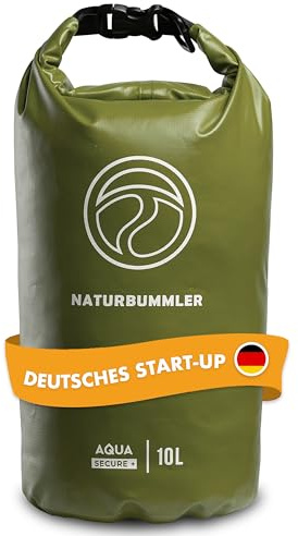 NATURBUMMLER Dry Bag 10L [Aqua Secure+] 100 % wasserdichte Tasche mit Schultergurt & Rucksackfunktion – wasserfester Packsack für SUP, Angeln, Camping & Outdoor – Drybag Beutel (Naturgrün)